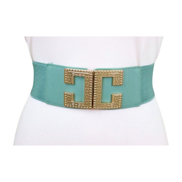 Women Jade Teal Elastic Wide Fashion Belt Hip Waist Gold Metal C Buckle Fit S M - Picture 6 of 17